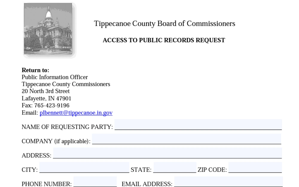 A screenshot of the form used to obtain public data in Tippecanoe County.