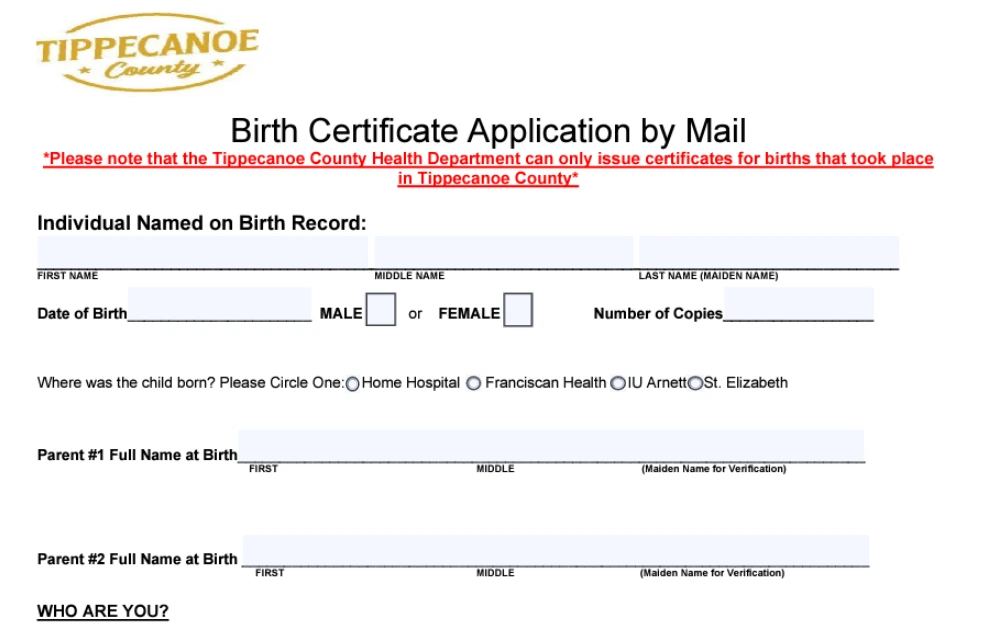 A screenshot of the form used to obtain birth documents in Tippecanoe County.