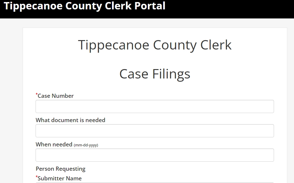 A screenshot of the online form that the public can fill out to obtain case filings.