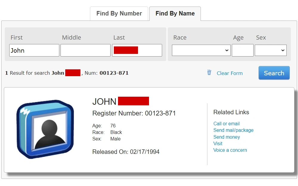 A screenshot of the BOP inmate locator offered by the Federal Bureau of Prisons, where the user can obtain a criminal history database to find a subject’s criminal past details at the federal level.