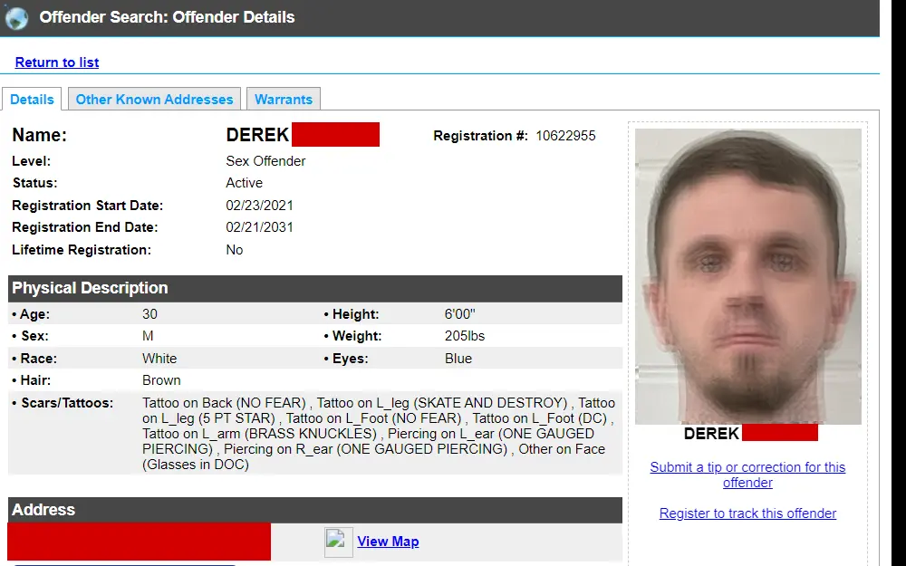 A screenshot of the search tool that lists all sex offenders and predators within the state and can be searched by county, as the database is maintained by each county’s sheriff’s department.