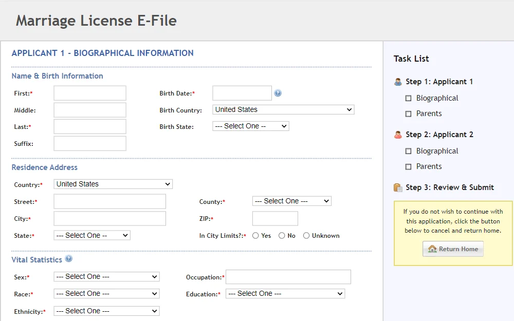 A screenshot of the form used to obtain a marriage license in Indiana.