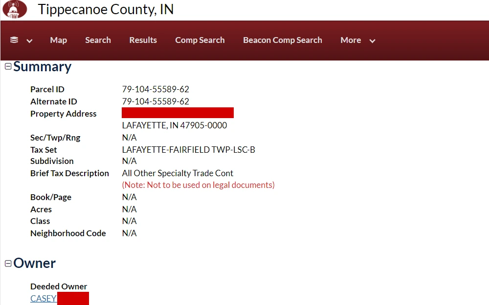 A screenshot of the search tool that allows the users to find out if someone has a property in Tippecanoe County.