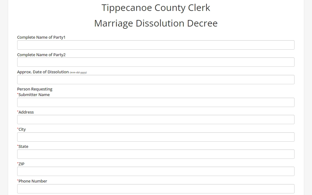 Screenshot of the online form for dissolution of marriage request showing fields for party and divorce information.