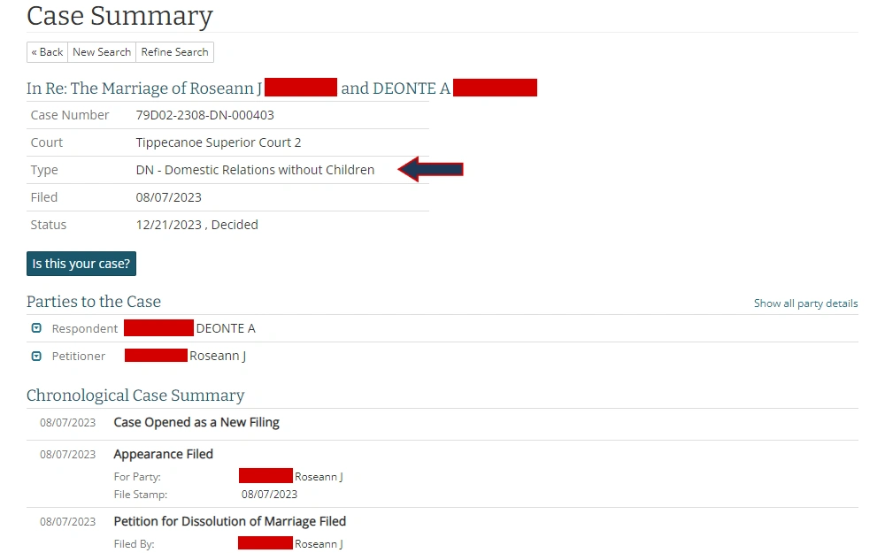 Screenshot of a case summary about domestic relations displaying the case details, parties' names, and chronology of the case.