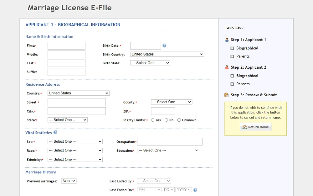 A screenshot displaying a marriage license e-file requiring the applicant's information such as first, middle, last, suffix, birth date, country, state, residence information such as country, street, city, state, country, ZIP code, city limits details, etc.