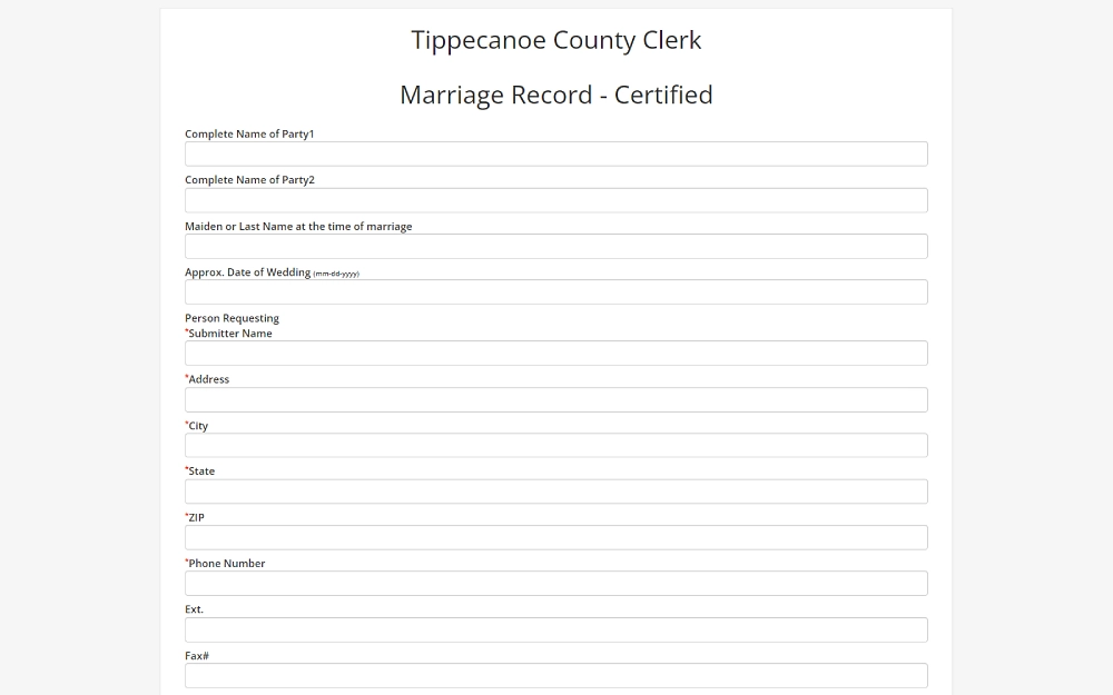 A screenshot displaying a certified marriage record online form requires details such as the parties' complete names, maiden or last name at the time of marriage, approximate date of the wedding, the person requesting, address, city, state, ZIP and others.